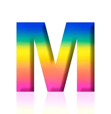 isolated shot of three dimensional rainbow alphabet letter m on white background