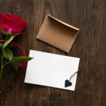 red rose with postcard on wooden background